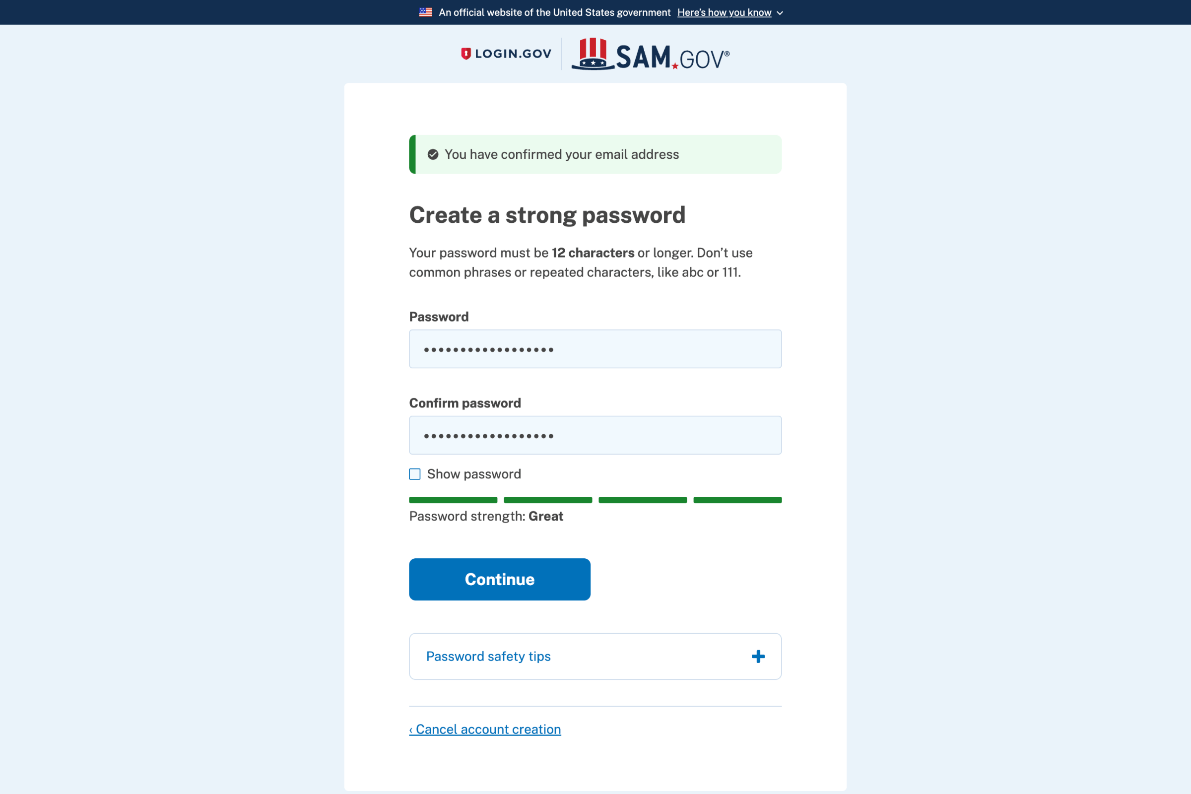 1.4 Create and confirm password