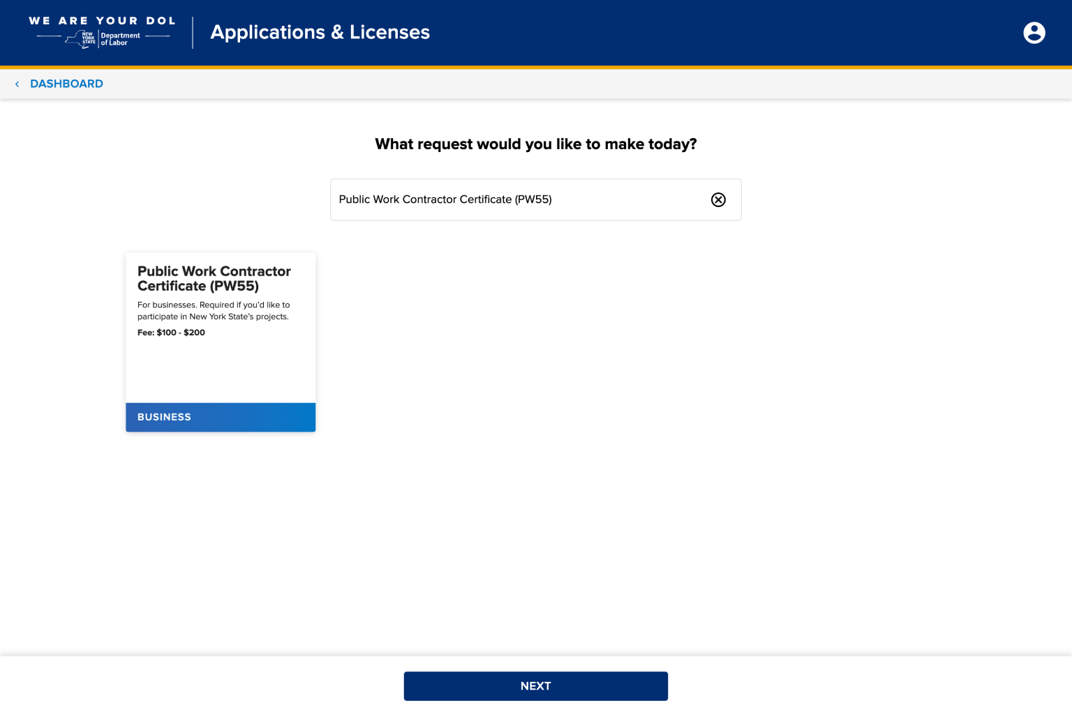 4.3. Select "Public Work Contractor Certificate (PW55)”