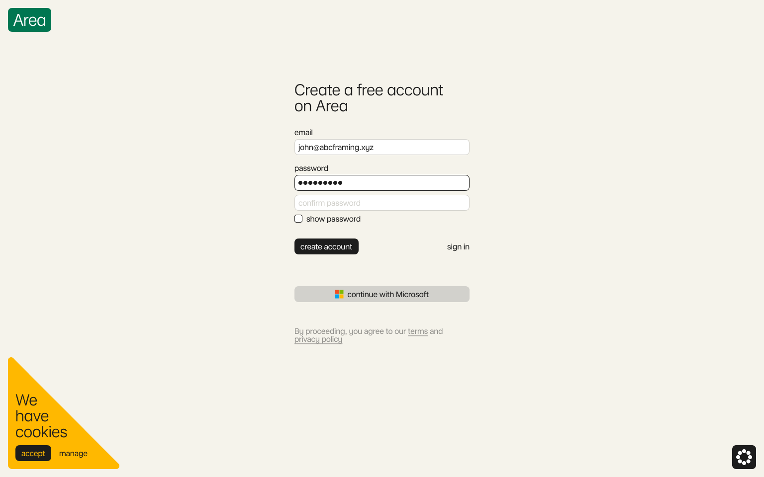 Create a free account on Area