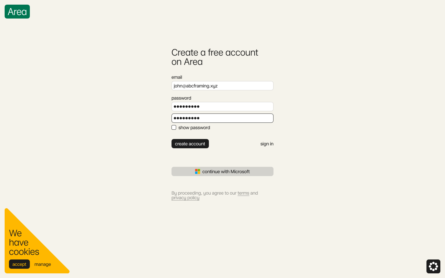 Create a free account on Area