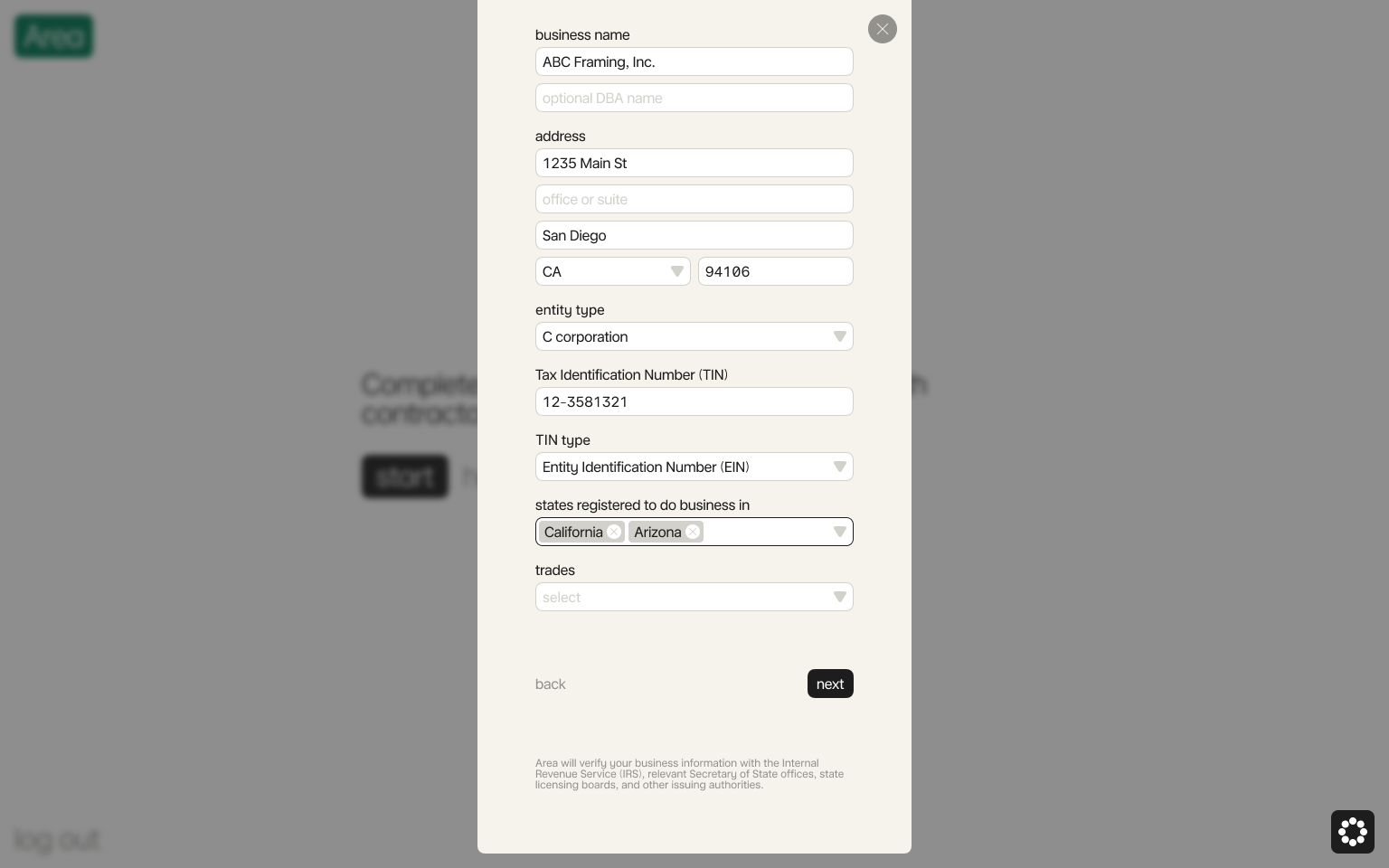 Enter your business information