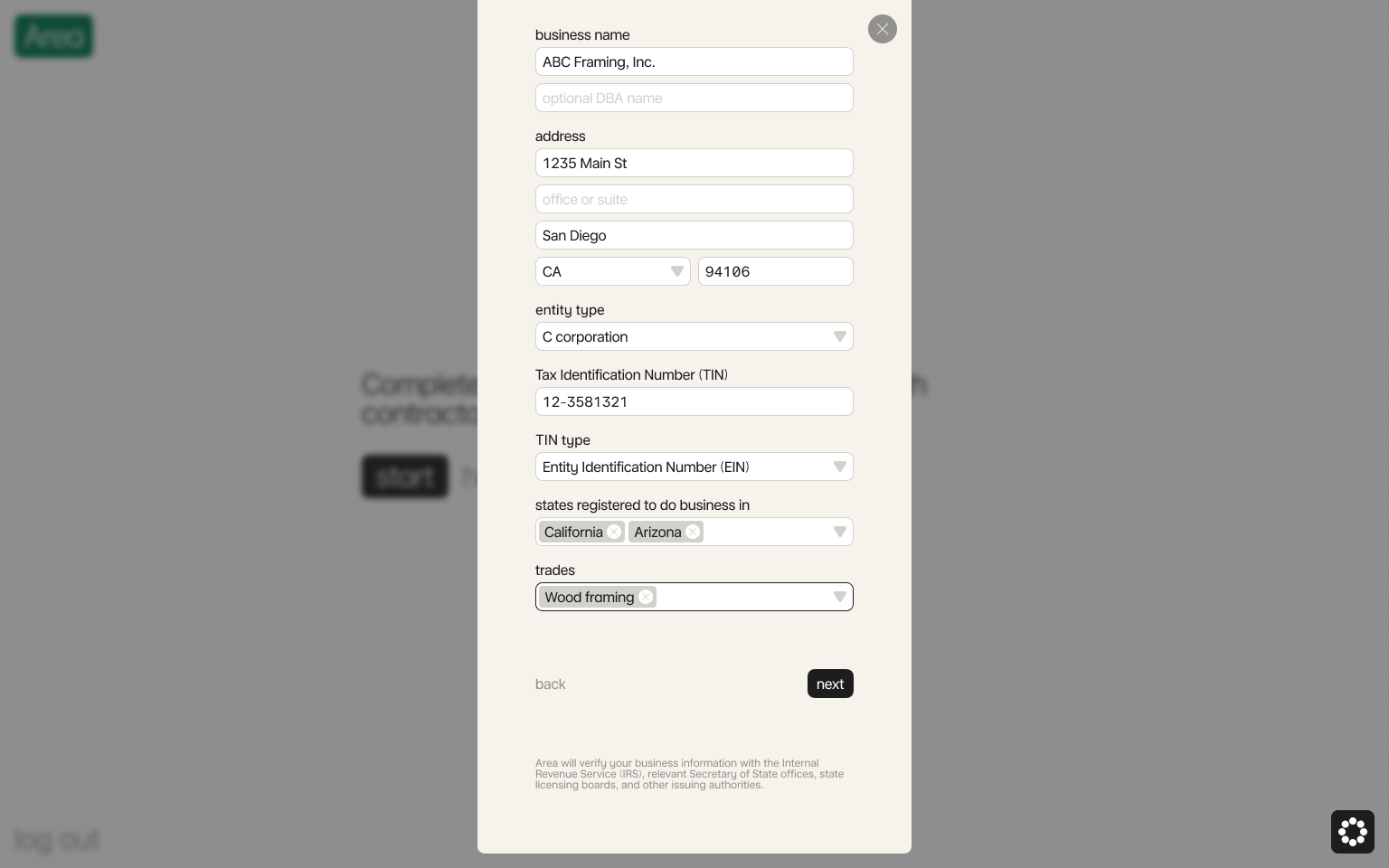 Enter your business information