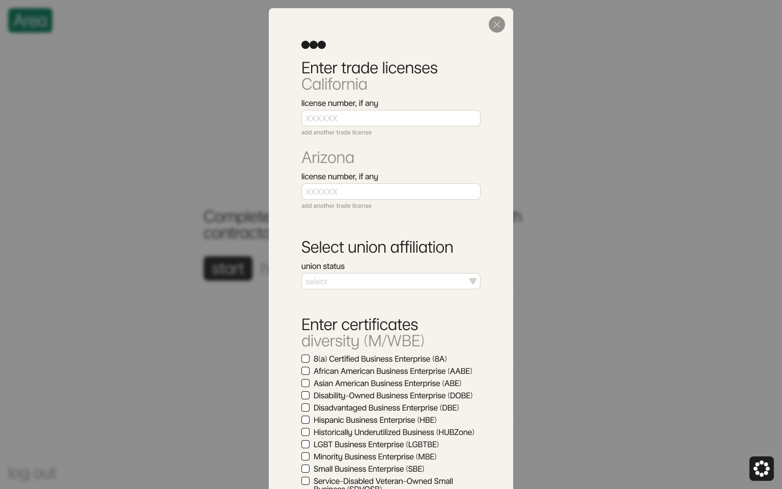Enter your trade licenses, union affiliation, and certificates