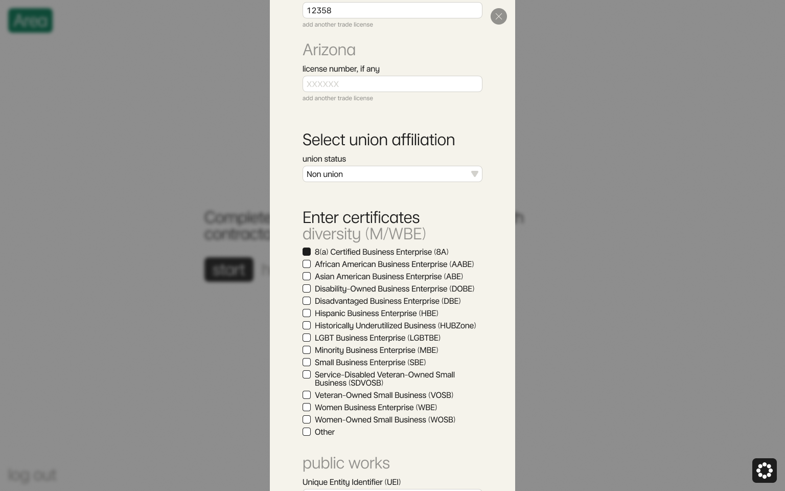 Enter your trade licenses, union affiliation, and certificates
