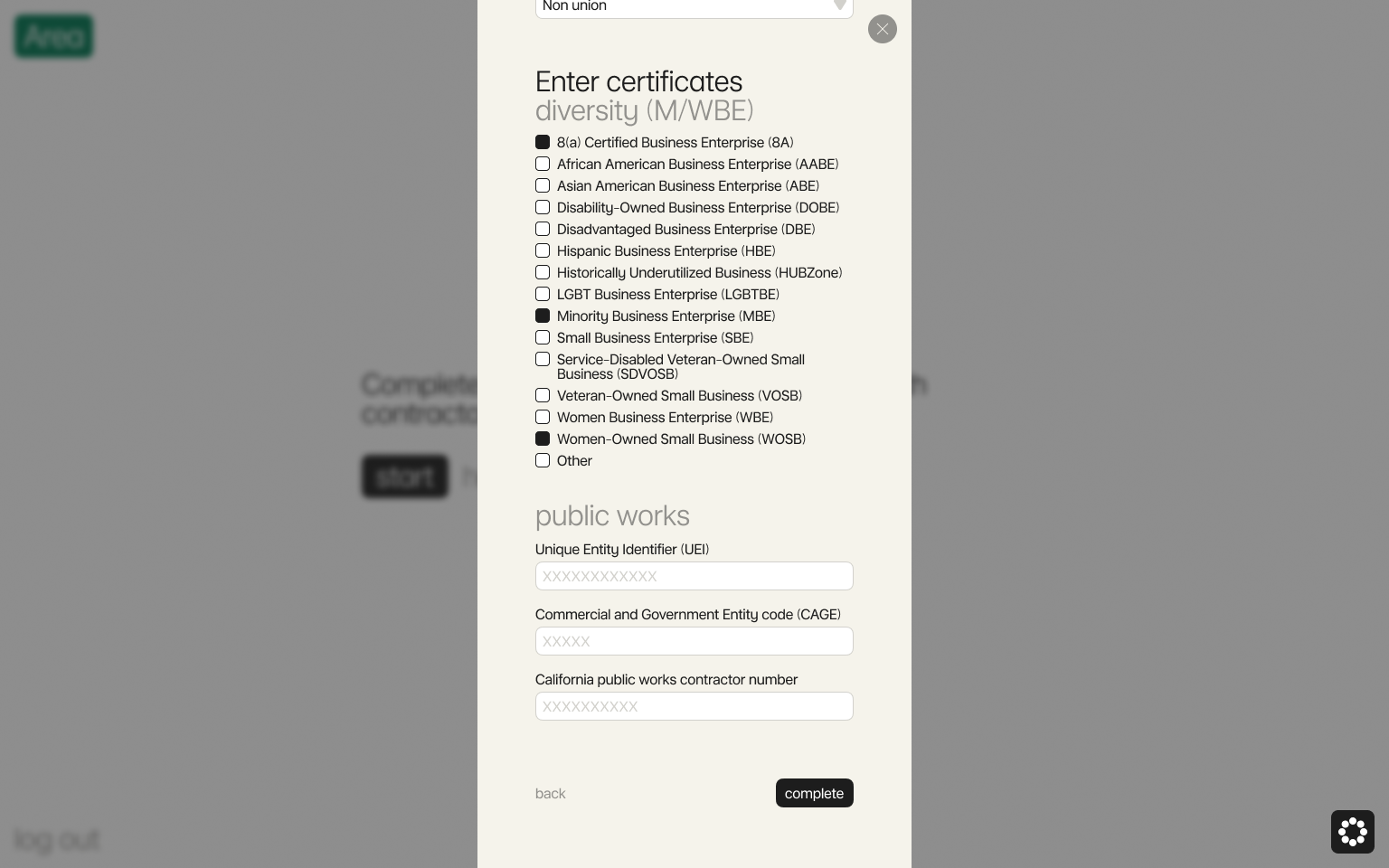 Enter your trade licenses, union affiliation, and certificates