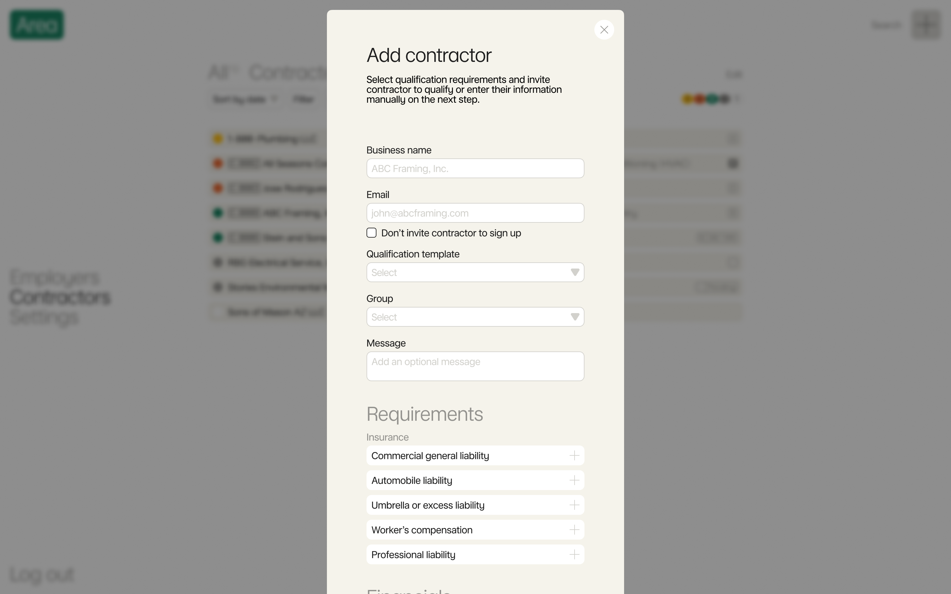 Add contractor on Area