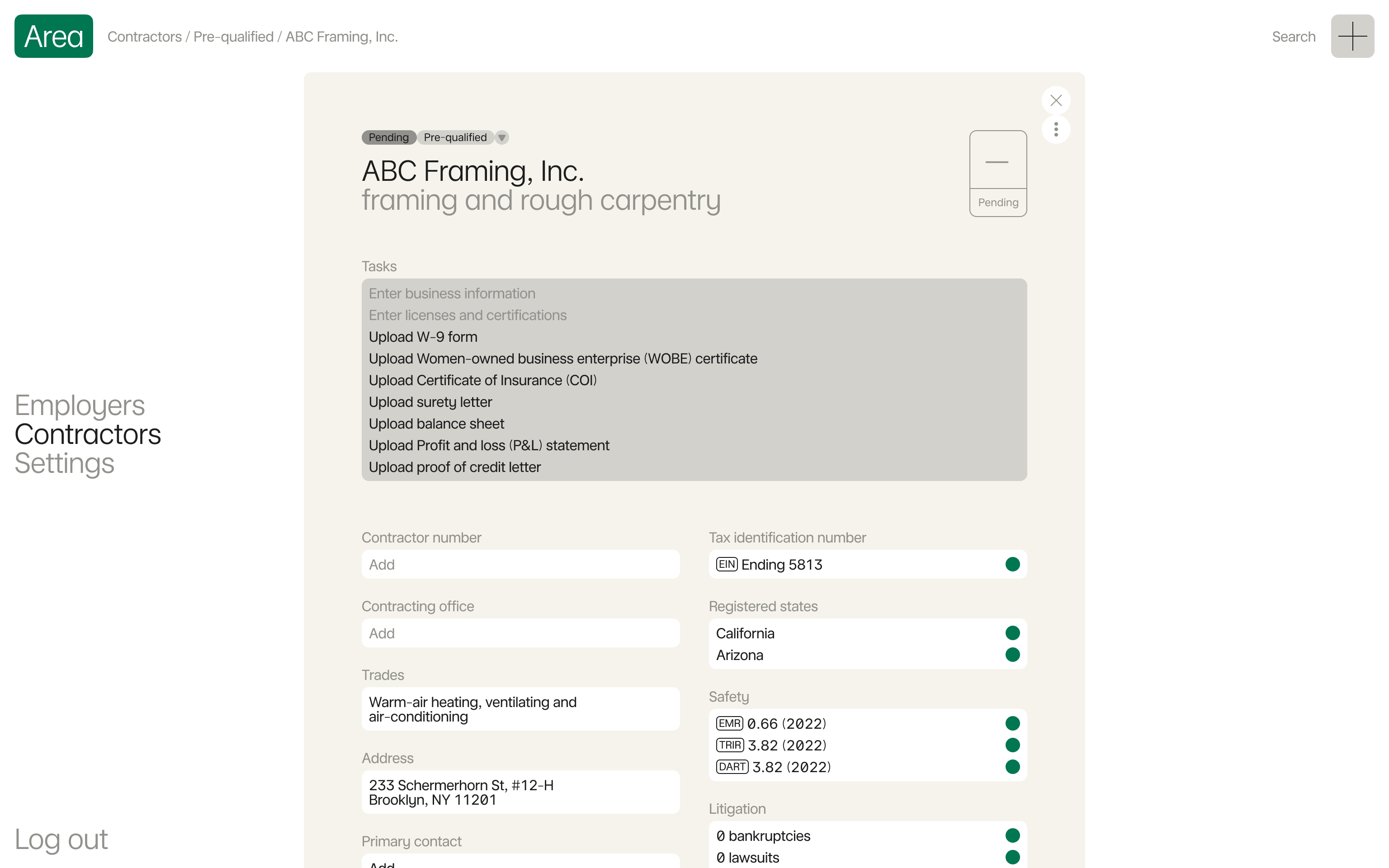Contractor profile on Area