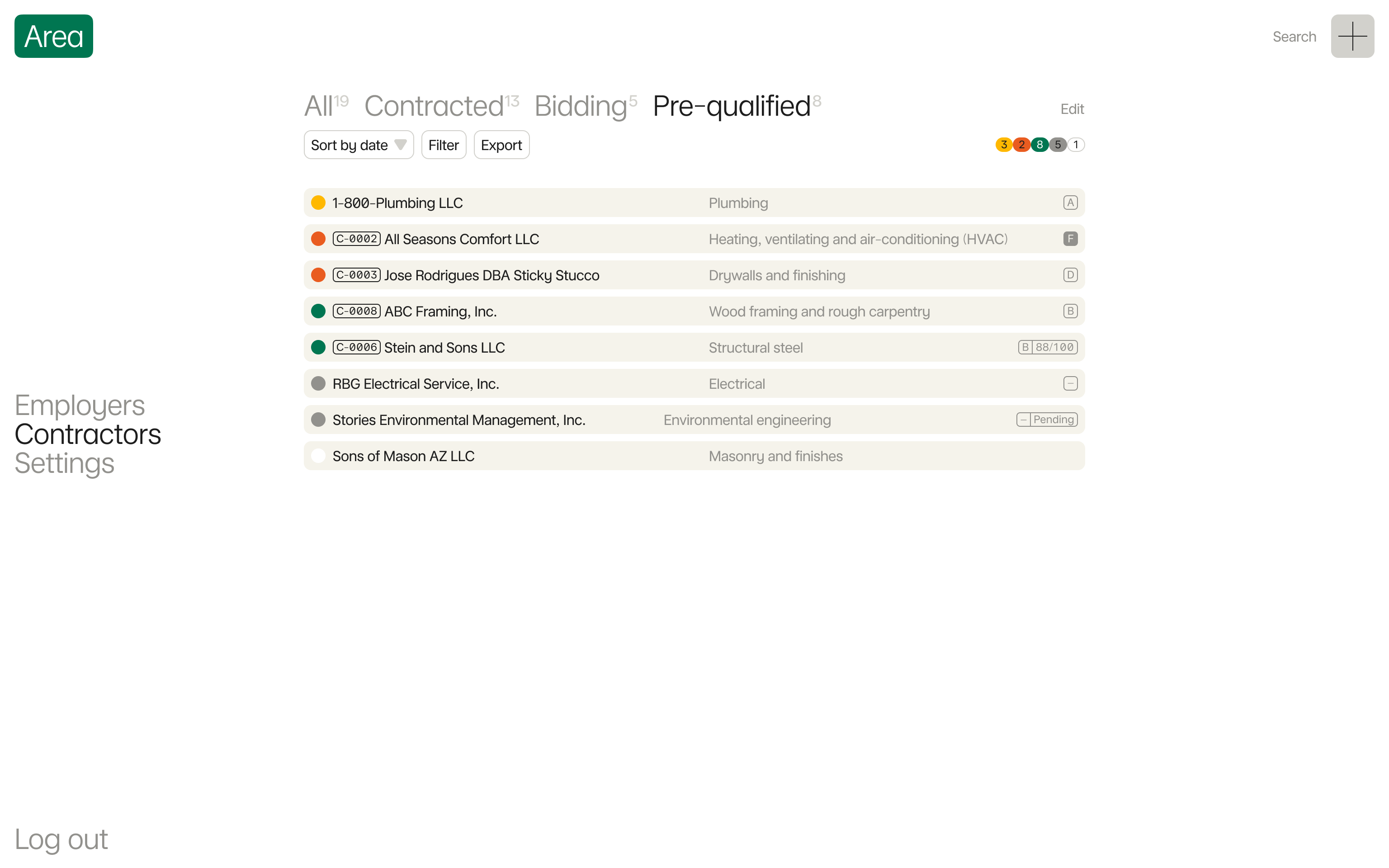 Contractors list on Area